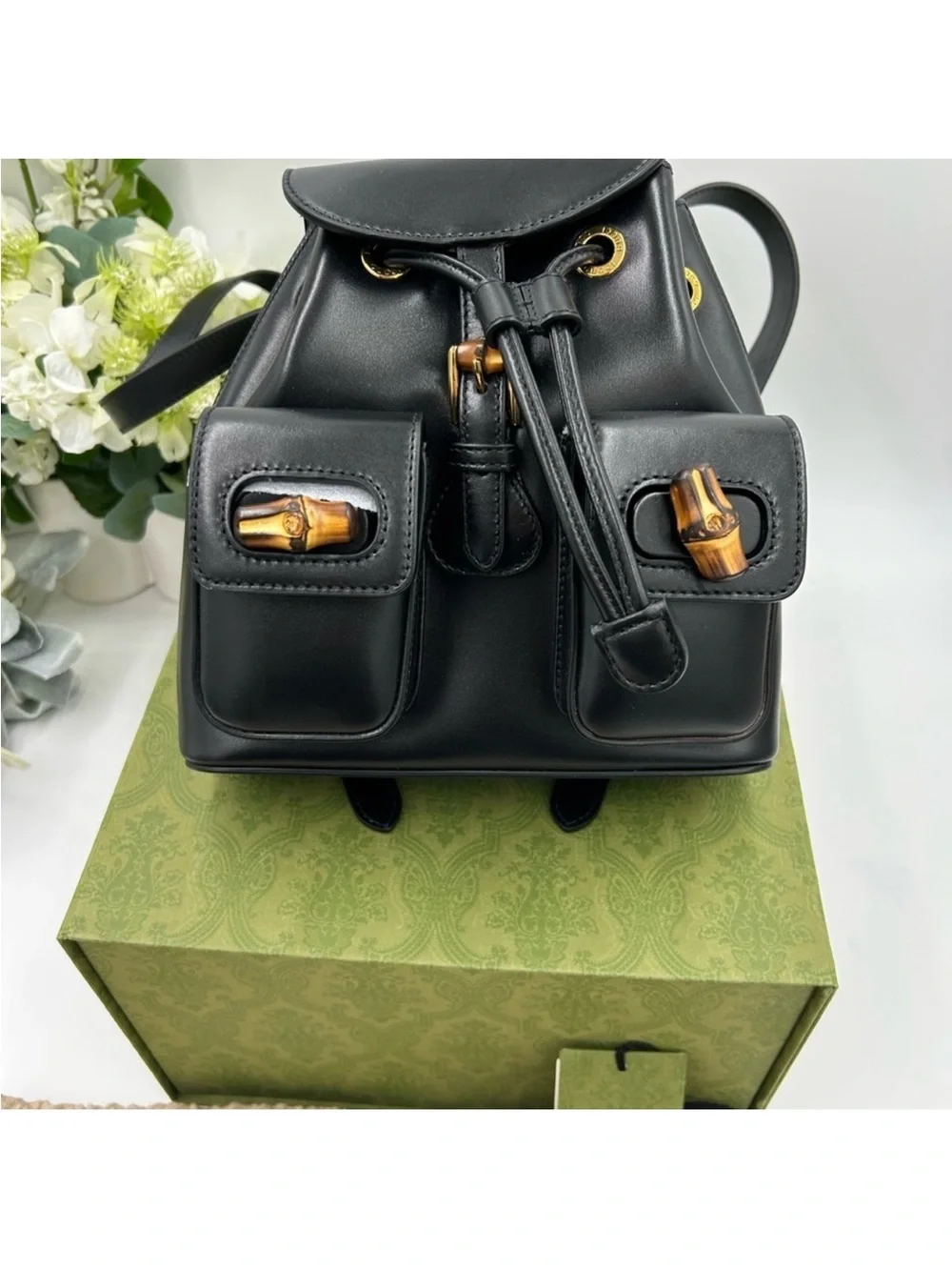 Gucci, leather bamboo backpack made in Italy NWT. Unisex.